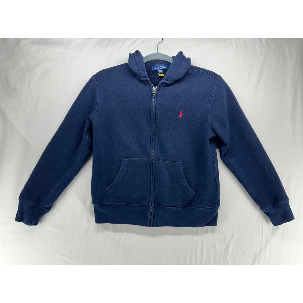Polo Ralph Lauren Kids Navy Blue Full Zip Fleece Hoodie Size M 10-12 Red‎ Pony